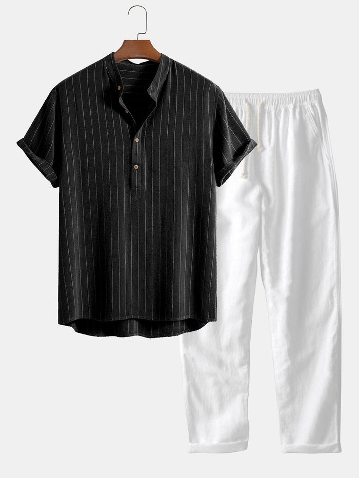 Men's Striped Short-Sleeve Shirt Trousers Set Casual