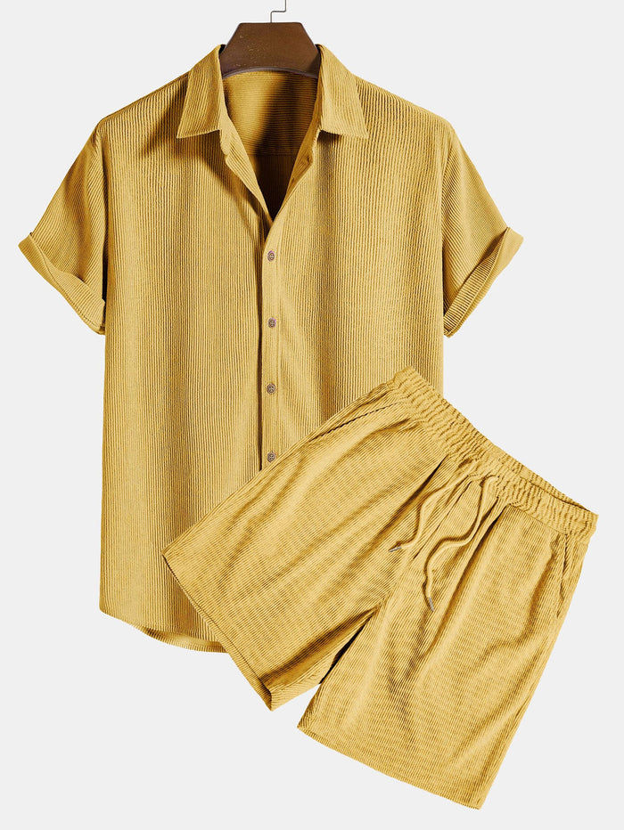 Men's Short-Sleeved Shirt and Shorts Set with Stripe