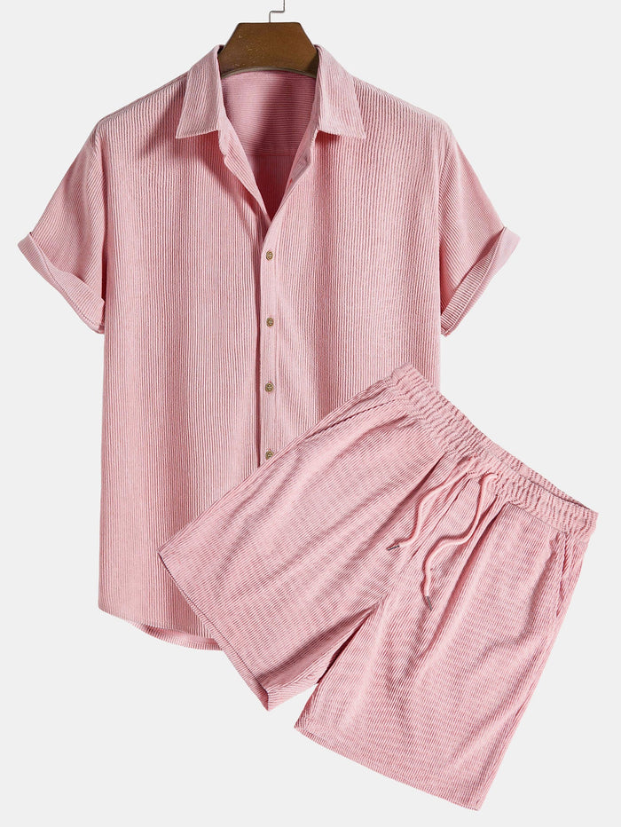Men's Short-Sleeved Shirt and Shorts Set with Stripe