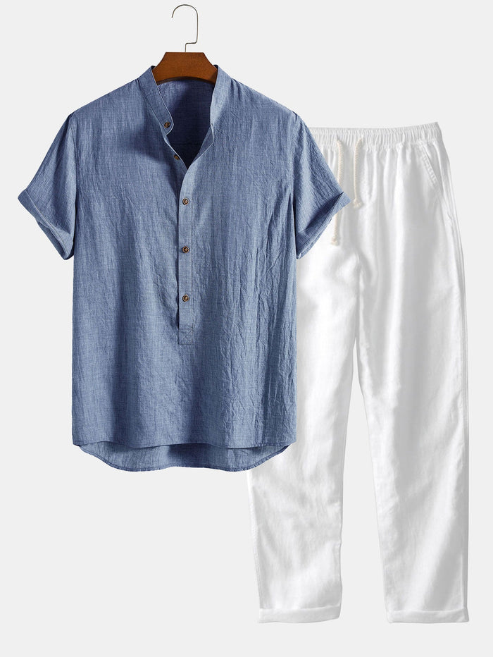 Men's Short-Sleeved Henley Shirt and Drawstring Pants Set
