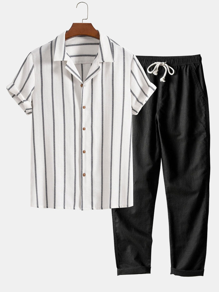 Men's Striped Short-Sleeve Shirt and Pants Set Button Front