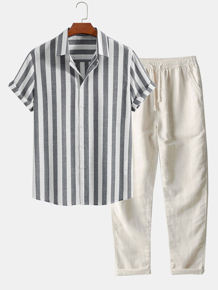 Men's Striped Short Sleeve Shirt and Pants Sleep Set