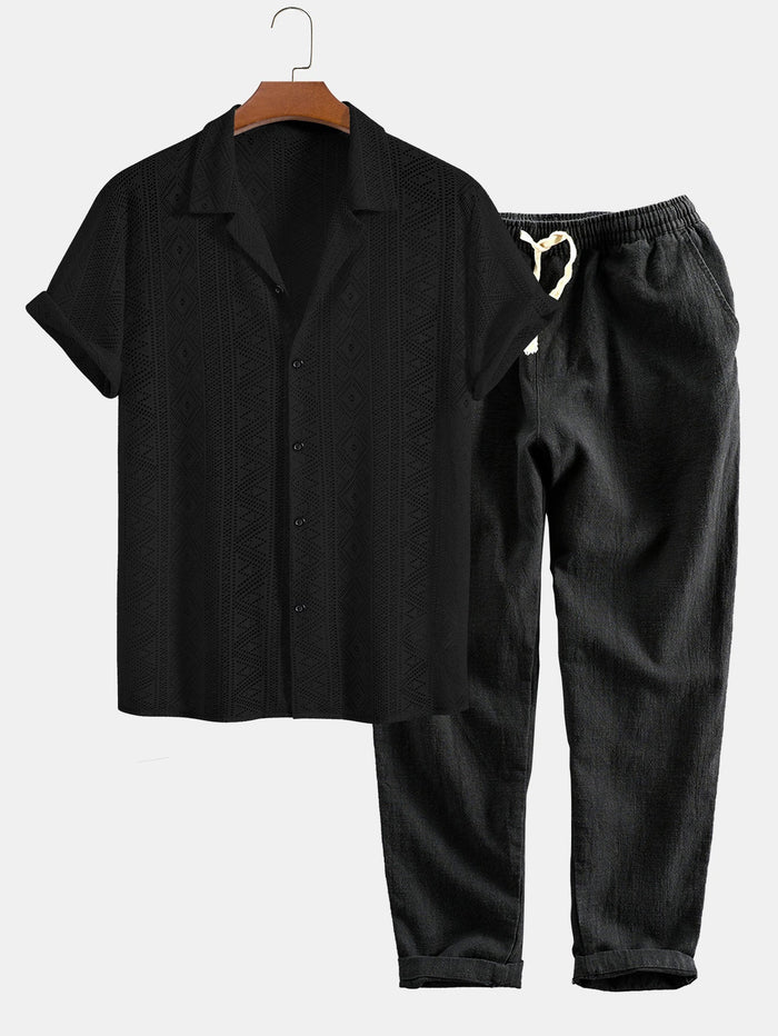 Men's Short-Sleeve Shirt and Trousers Set Camp Collar