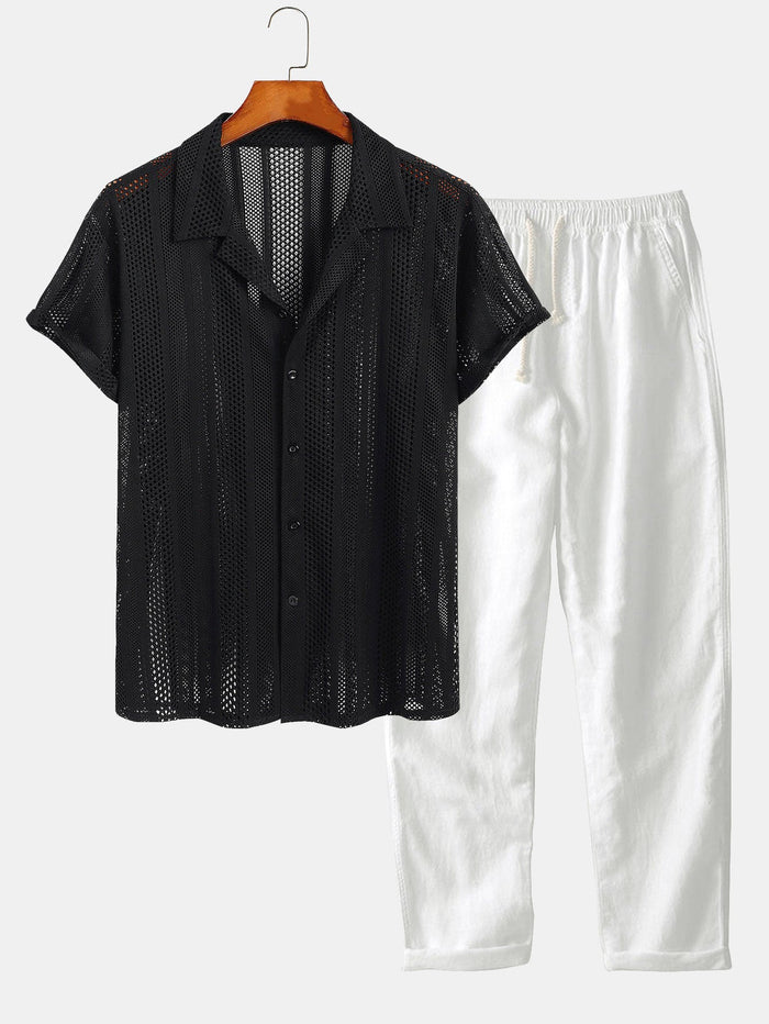 Men's Mesh Short-Sleeve Shirt and Pants Lounge Set