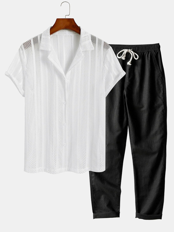 Men's Mesh Short-Sleeve Shirt and Pants Lounge Set