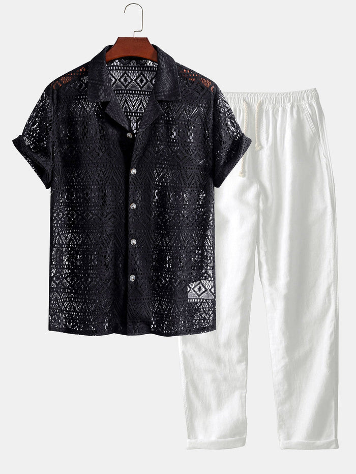 Men's Lace Short Sleeve Shirt and Pants Set