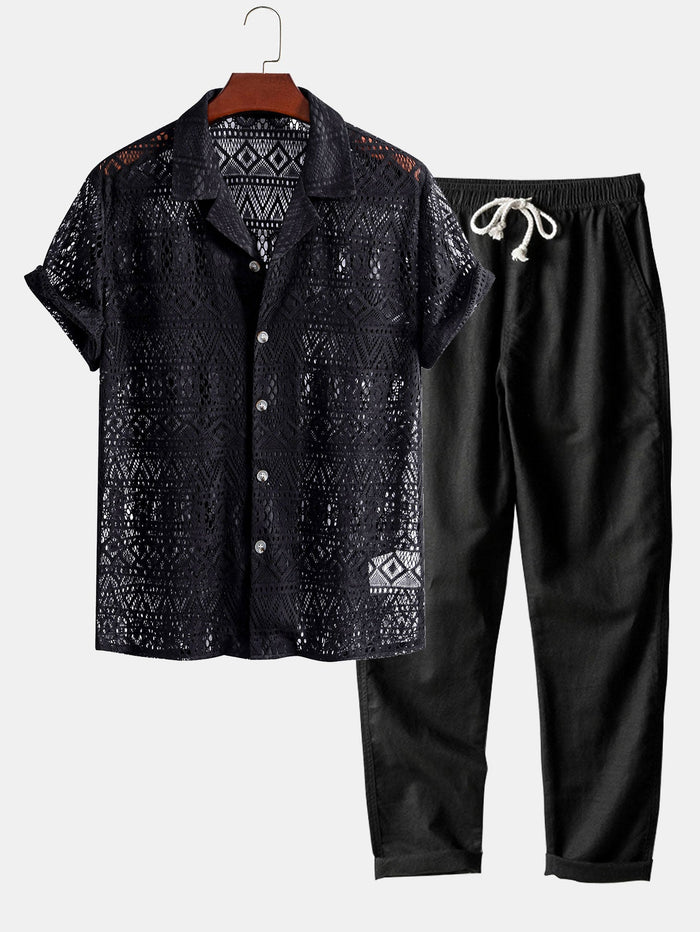 Men's Lace Short Sleeve Shirt and Pants Set