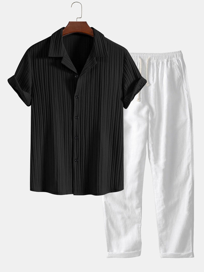 Men's Striped Short-Sleeve Pajama Set with Button Front