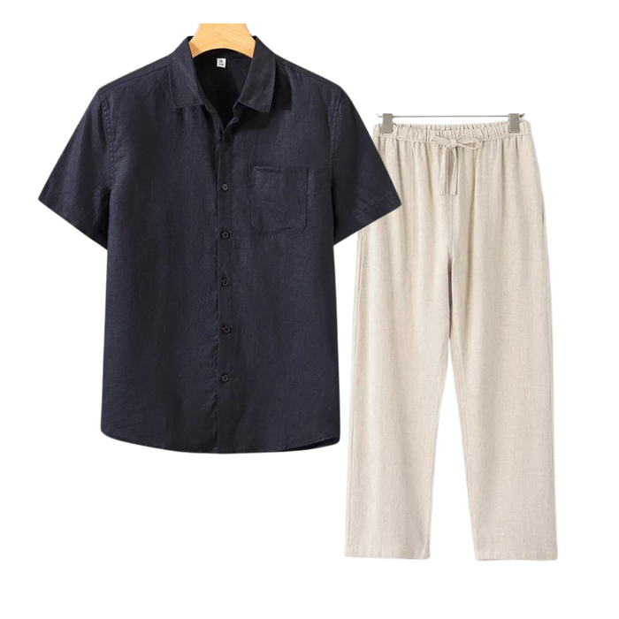 Men's Short Sleeve Linen Shirt and Pants Set Button-Front