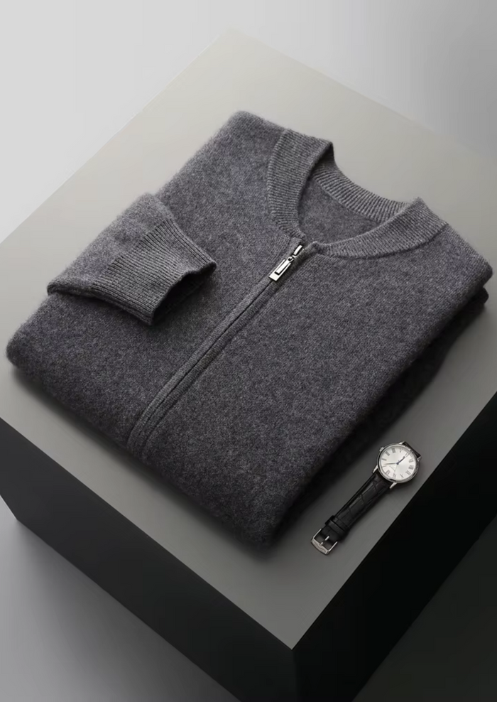 Men's V-Neck Zip Cardigan with Ribbed Trim and Pockets