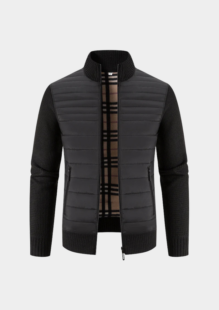Men's Quilted Hybrid Jacket with Knit Sleeves and Stand Collar