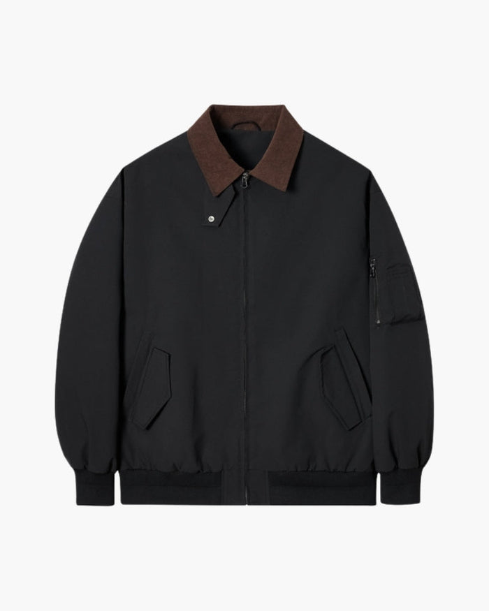 Men's Collared Bomber Jacket with Front Zip and Ribbed Cuffs