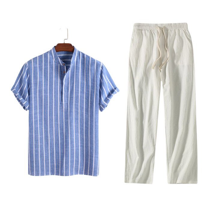 Men's Striped Short-Sleeve Shirt and Pants Outfit Set