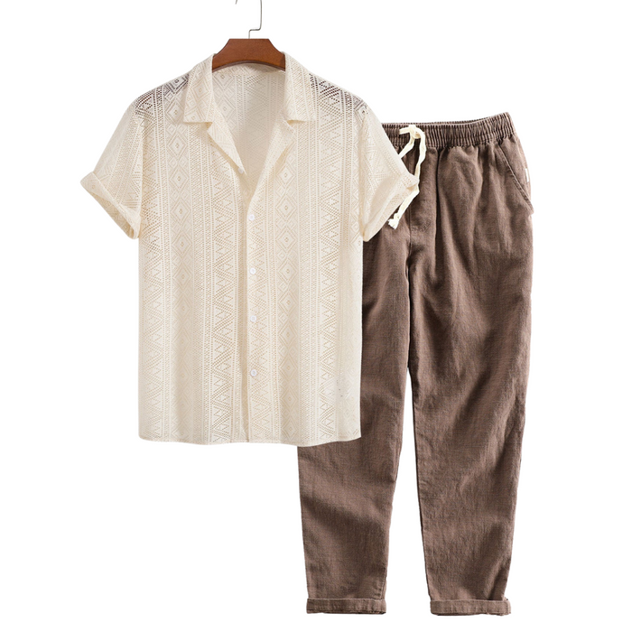Men's Short-Sleeve Shirt and Trousers Set Camp Collar