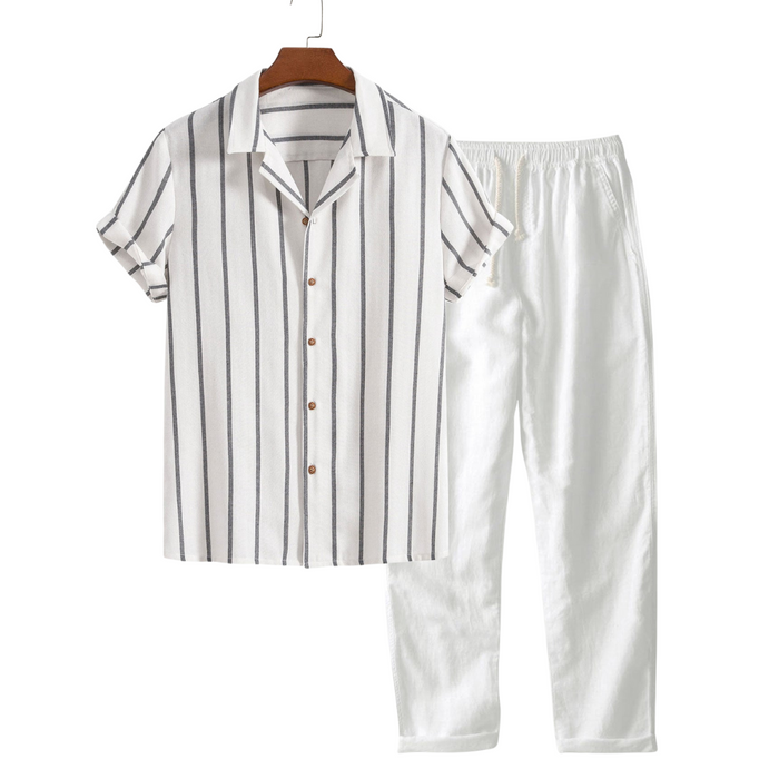 Men's Striped Short-Sleeve Shirt and Pants Set Button Front