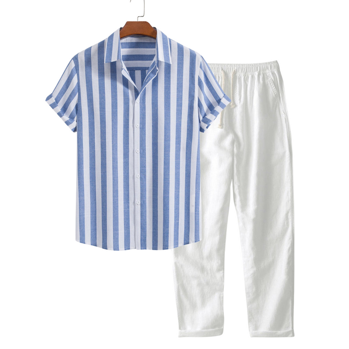 Men's Striped Short Sleeve Shirt and Pants Sleep Set