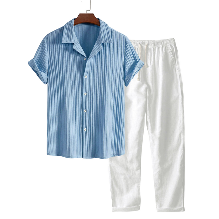 Men's Striped Short-Sleeve Pajama Set with Button Front