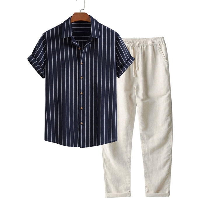 Men's Striped Short-Sleeve Shirt and Pants Set