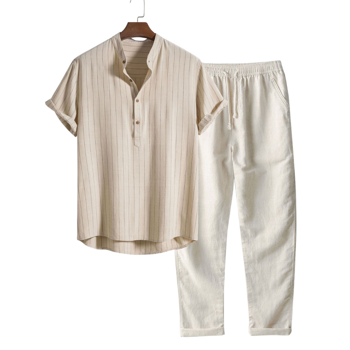 Men's Striped Short-Sleeve Shirt Trousers Set Casual