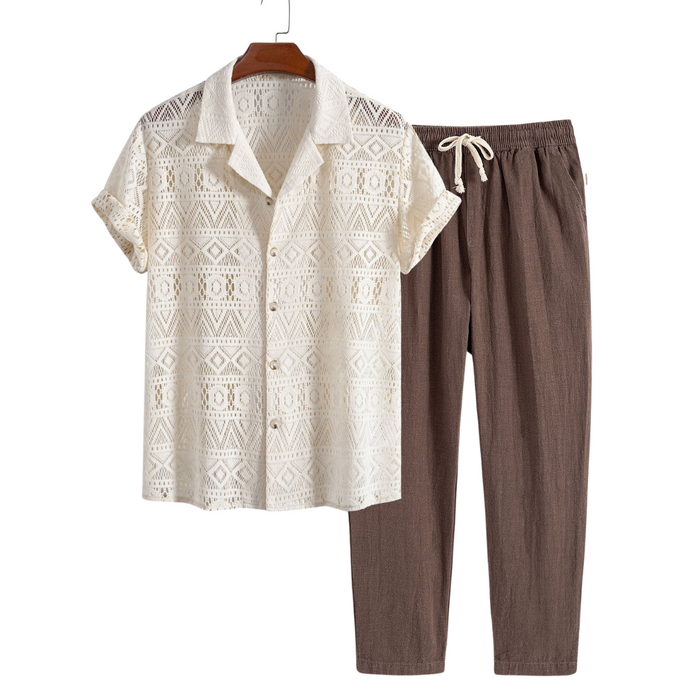 Men's Lace Short Sleeve Shirt and Drawstring Pants Set