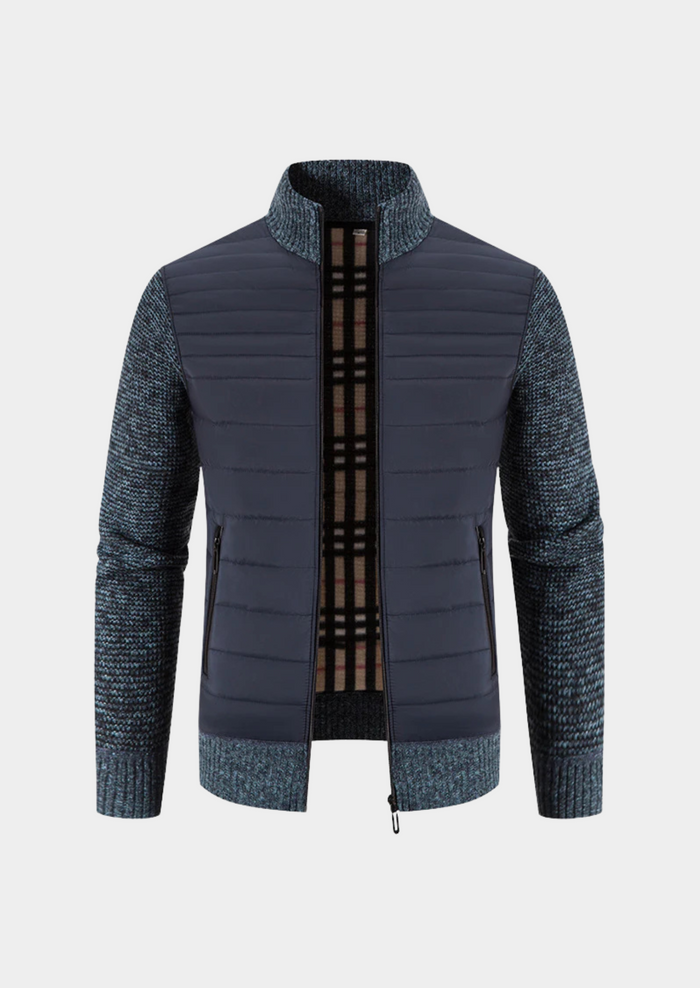 Men's Quilted Hybrid Jacket with Knit Sleeves and Stand Collar