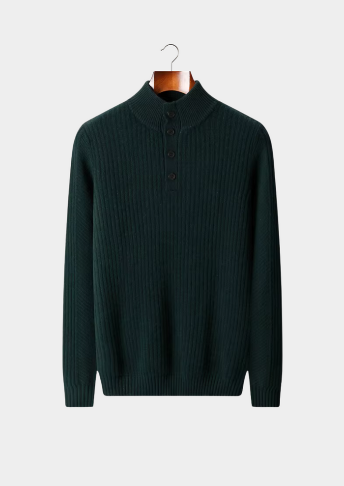 Men's Ribbed Henley Sweater with Button Neck Detail