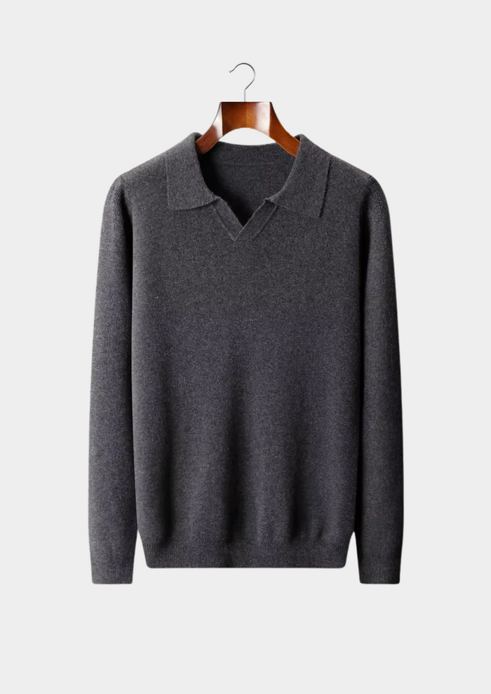 Men's Collared V-Neck Sweater with Ribbed Knit Detail