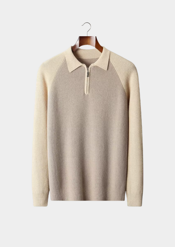 Men's Ribbed Half-Zip Collar Sweater with Raglan Sleeves