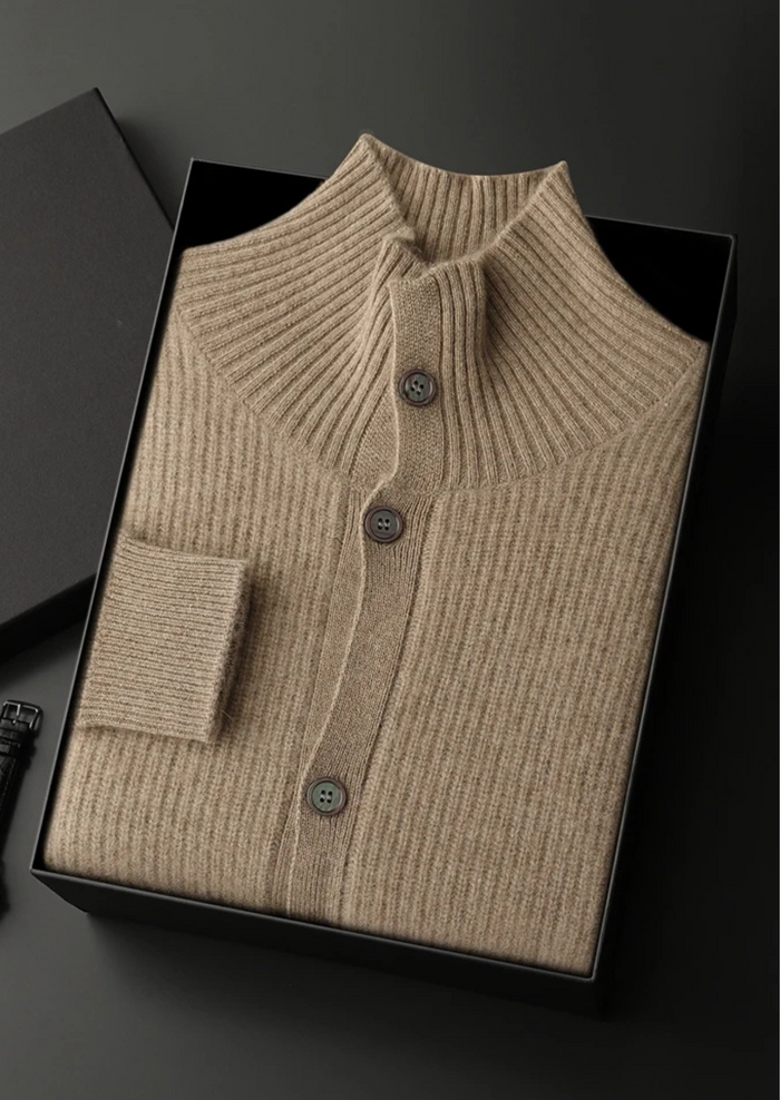Men's Ribbed High Collar Cardigan with Button Front