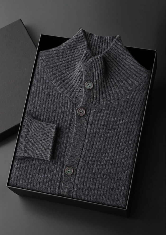 Men's Ribbed High Collar Cardigan with Button Front