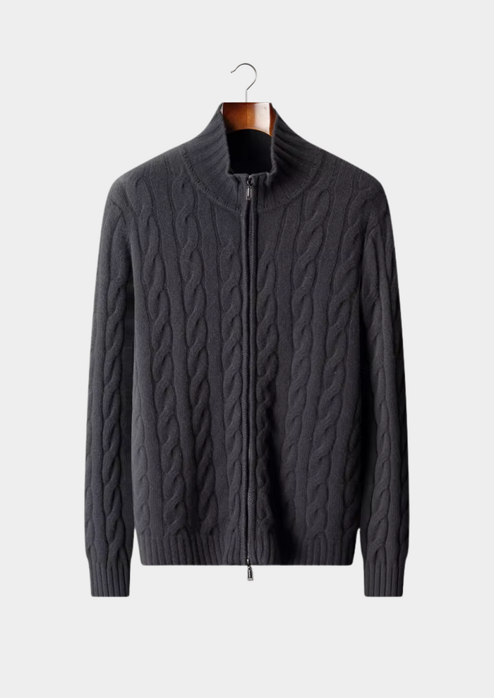 Men's Cable Knit Zip Cardigan with Funnel Neck