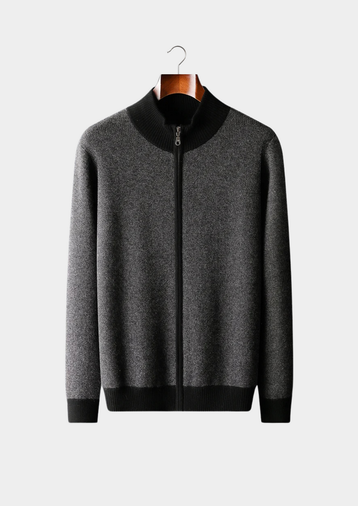 Men's Zip Cardigan with Stand Collar and Ribbed Trim
