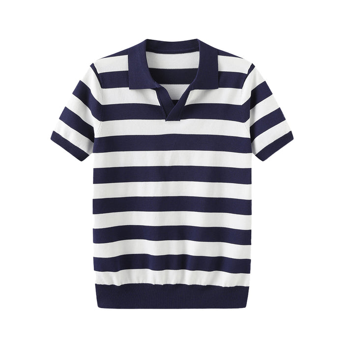 Men's Striped Polo Shirt with V-Neck and Short Sleeves