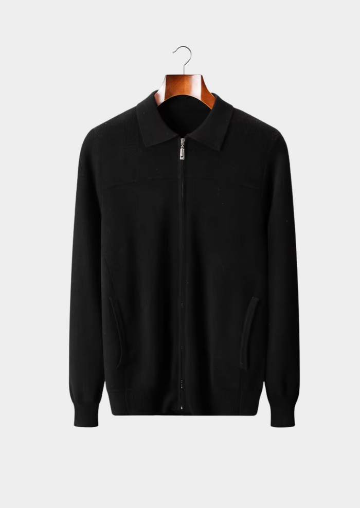 Men's Collared Zip-Up Cardigan with Ribbed Detail