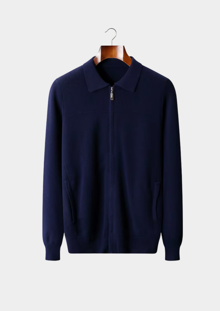 Men's Collared Zip-Up Cardigan with Ribbed Detail