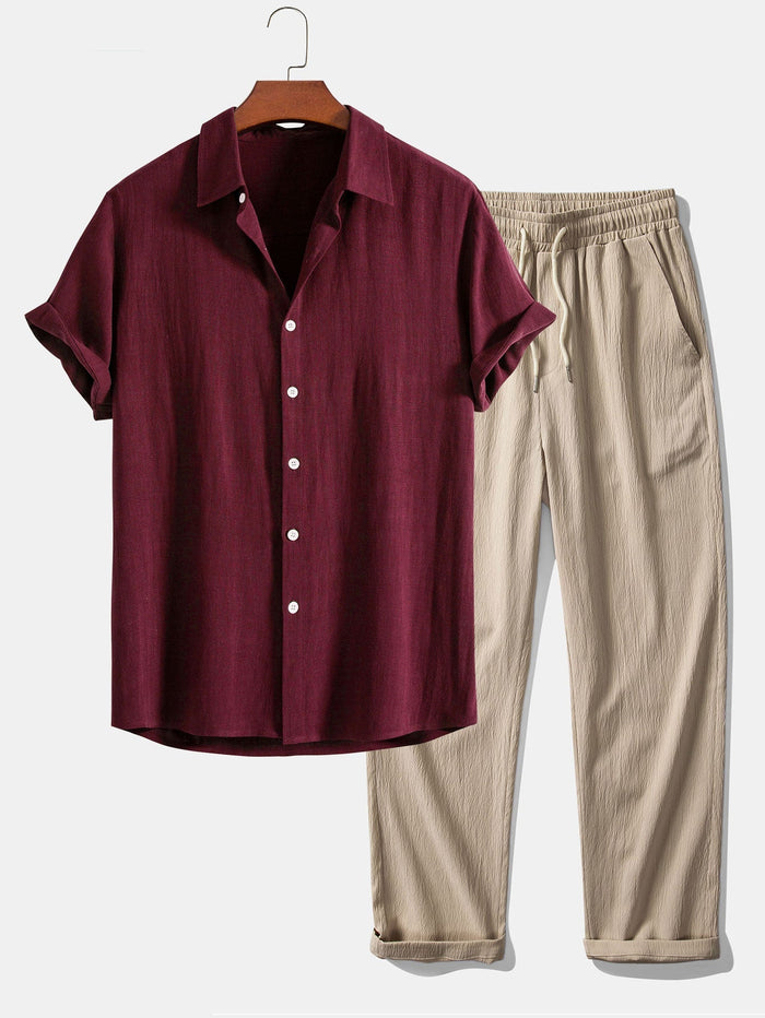 Men's Short Sleeve Shirt Pants Set Button-Front Collared