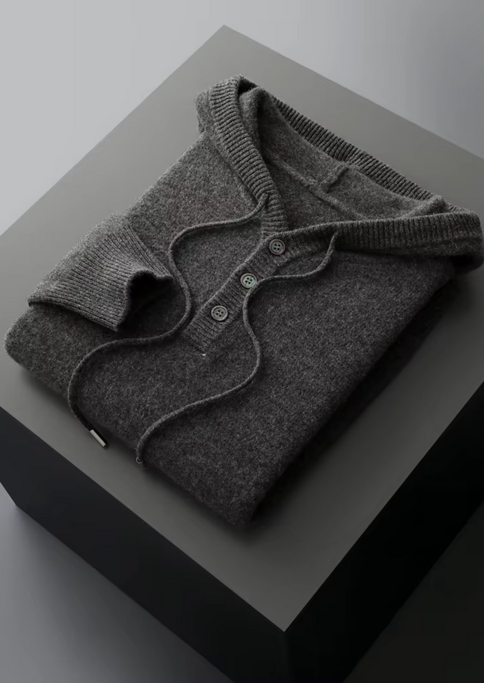 Men's Button Hoodie with Drawstring and Ribbed Hem