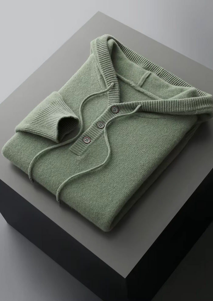 Men's Button Hoodie with Drawstring and Ribbed Hem