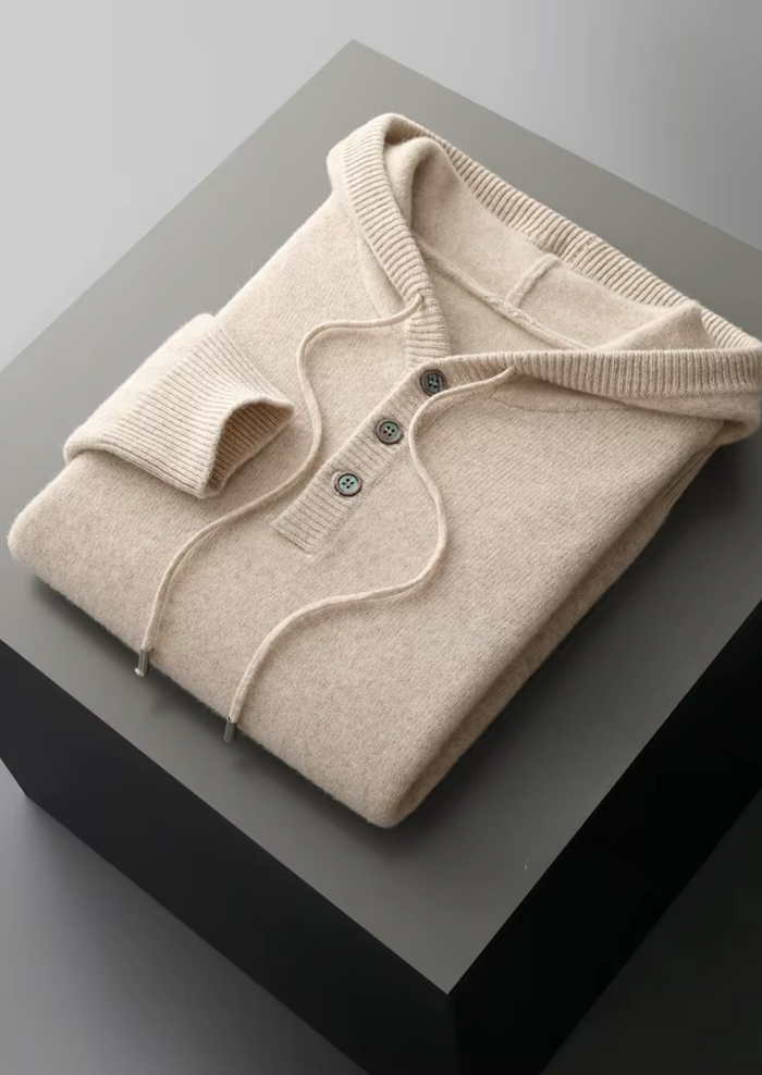 Men's Button Hoodie with Drawstring and Ribbed Hem