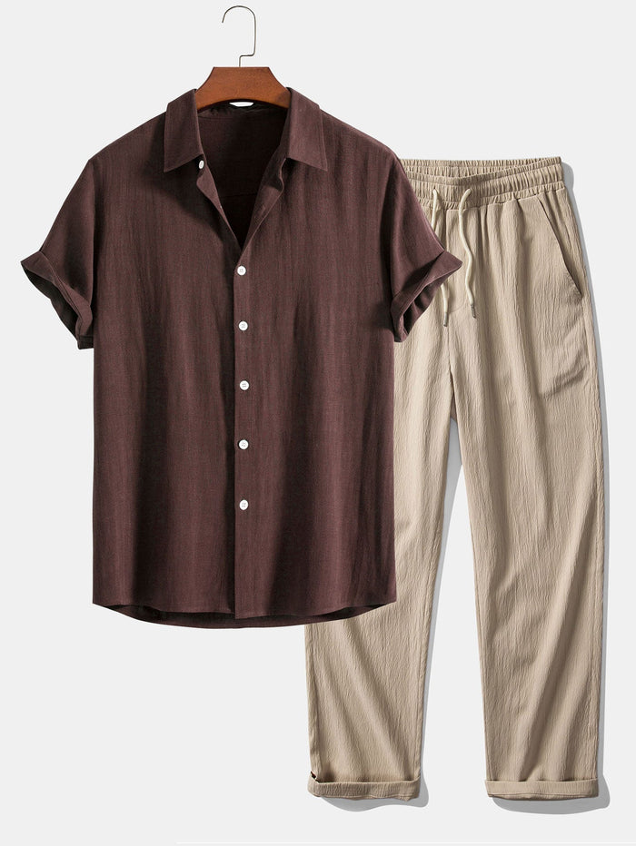 Men's Short Sleeve Shirt Pants Set Button-Front Collared