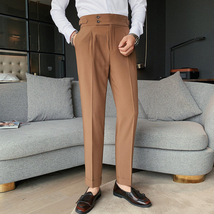 Men's Slim Fit Pleated Pants with High Waist and Tab Closure