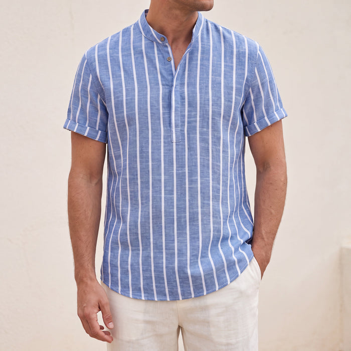 Men's Striped Short Sleeve Shirt with Mandarin Collar