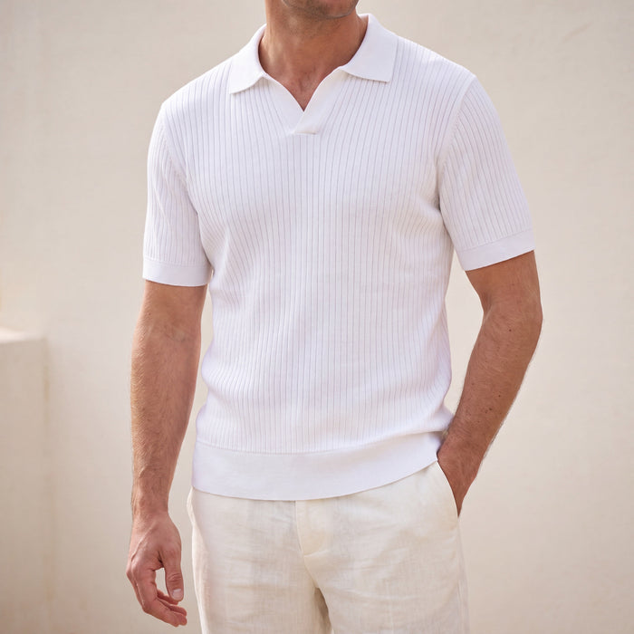 Men's Ribbed Knit Polo with Collar and Short Sleeves