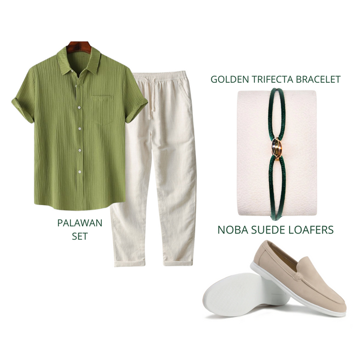 Men's Short Sleeve Shirt and Pants Set Button-Front