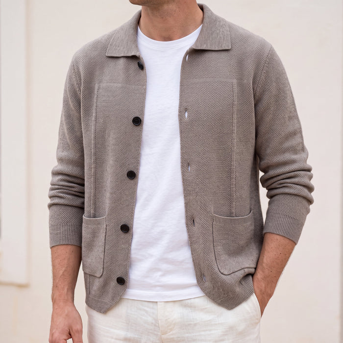 Men's Button Front Overshirt with Collar and Patch Pockets