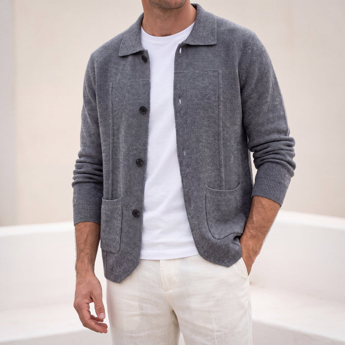 Men's Button Front Overshirt with Collar and Patch Pockets
