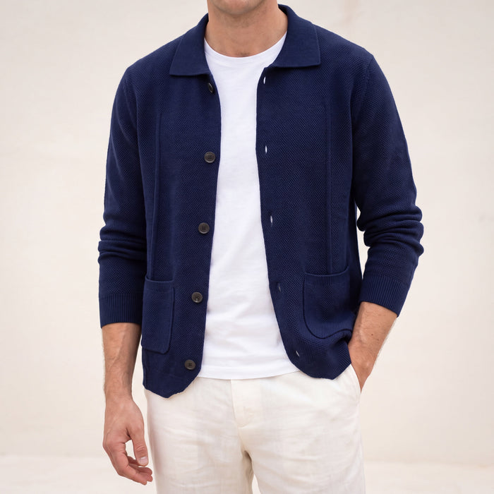 Men's Button Front Overshirt with Collar and Patch Pockets