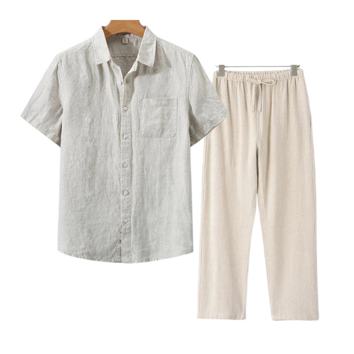 Men's Short Sleeve Linen Shirt and Pants Set Button-Front
