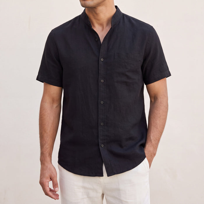 Men's Mandarin Collar Short Sleeve Shirt with Chest Pocket