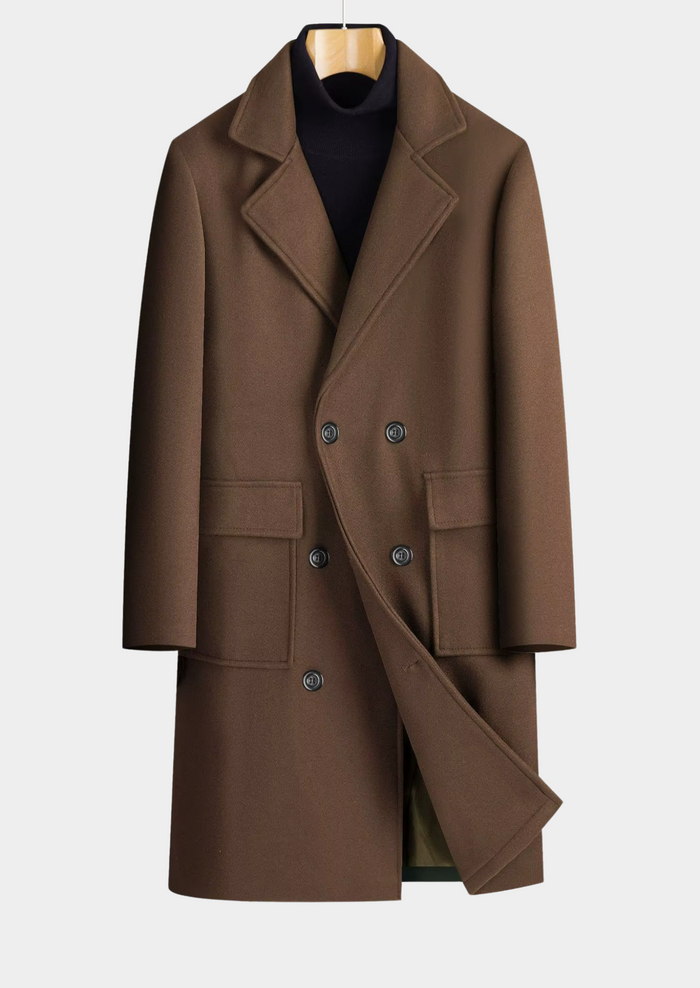Men's Double-Breasted Camel Overcoat with Notch Lapel
